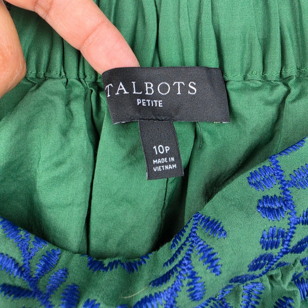 Talbots Petite Green Blue Embroidered Scalloped Hem A-Line Skirt Cotton Size 10P - Picture 3 of 8
